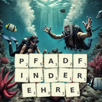 Kreative Illustration für ein Scrabble-Spiel, bei dem das Wort PFADFINDEREHRE mit Steinen auf dem Brett gelegt wurde.