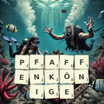Kreative Illustration für ein Scrabble-Spiel, bei dem das Wort PFAFFENKÖNIGE mit Steinen auf dem Brett gelegt wurde.