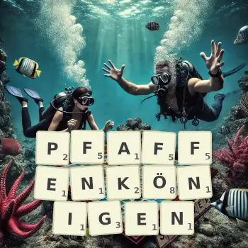 Kreative Illustration für ein Scrabble-Spiel, bei dem das Wort PFAFFENKÖNIGEN mit Steinen auf dem Brett gelegt wurde.