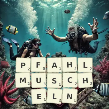 Kreative Illustration für ein Scrabble-Spiel, bei dem das Wort PFAHLMUSCHELN mit Steinen auf dem Brett gelegt wurde.