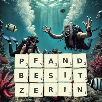 Kreative Illustration für ein Scrabble-Spiel, bei dem das Wort PFANDBESITZERIN mit Steinen auf dem Brett gelegt wurde.