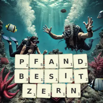 Kreative Illustration für ein Scrabble-Spiel, bei dem das Wort PFANDBESITZERN mit Steinen auf dem Brett gelegt wurde.