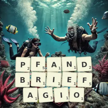 Kreative Illustration für ein Scrabble-Spiel, bei dem das Wort PFANDBRIEFAGIO mit Steinen auf dem Brett gelegt wurde.