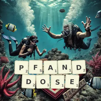 Kreative Illustration für ein Scrabble-Spiel, bei dem das Wort PFANDDOSE mit Steinen auf dem Brett gelegt wurde.