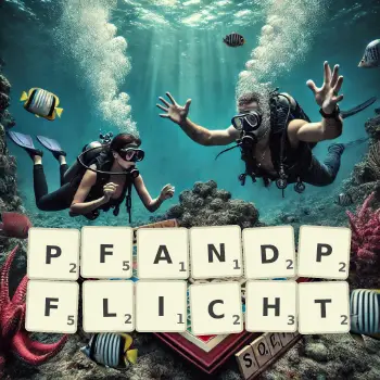 Kreative Illustration für ein Scrabble-Spiel, bei dem das Wort PFANDPFLICHT mit Steinen auf dem Brett gelegt wurde.