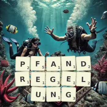 Kreative Illustration für ein Scrabble-Spiel, bei dem das Wort PFANDREGELUNG mit Steinen auf dem Brett gelegt wurde.