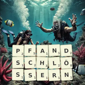 Kreative Illustration für ein Scrabble-Spiel, bei dem das Wort PFANDSCHLÖSSERN mit Steinen auf dem Brett gelegt wurde.