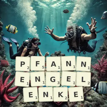 Kreative Illustration für ein Scrabble-Spiel, bei dem das Wort PFANNENGELENKE mit Steinen auf dem Brett gelegt wurde.