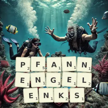 Kreative Illustration für ein Scrabble-Spiel, bei dem das Wort PFANNENGELENKS mit Steinen auf dem Brett gelegt wurde.