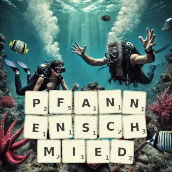 Kreative Illustration für ein Scrabble-Spiel, bei dem das Wort PFANNENSCHMIED mit Steinen auf dem Brett gelegt wurde.