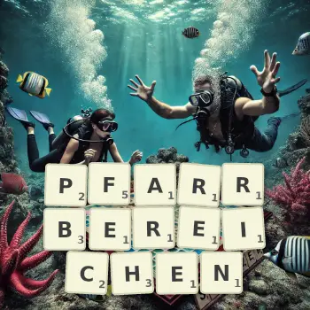 Kreative Illustration für ein Scrabble-Spiel, bei dem das Wort PFARRBEREICHEN mit Steinen auf dem Brett gelegt wurde.