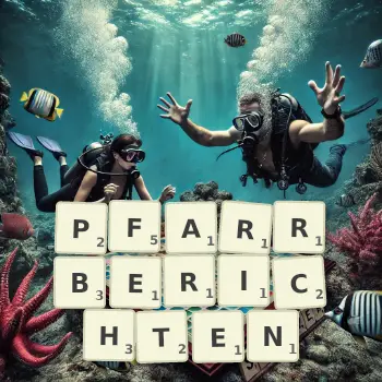 Kreative Illustration für ein Scrabble-Spiel, bei dem das Wort PFARRBERICHTEN mit Steinen auf dem Brett gelegt wurde.