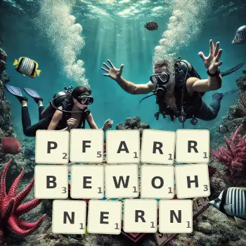 Kreative Illustration für ein Scrabble-Spiel, bei dem das Wort PFARRBEWOHNERN mit Steinen auf dem Brett gelegt wurde.