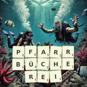 Kreative Illustration für ein Scrabble-Spiel, bei dem das Wort PFARRBÜCHEREI mit Steinen auf dem Brett gelegt wurde.