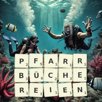 Kreative Illustration für ein Scrabble-Spiel, bei dem das Wort PFARRBÜCHEREIEN mit Steinen auf dem Brett gelegt wurde.