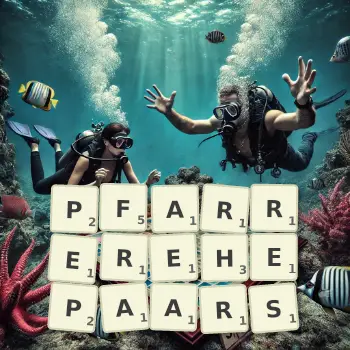 Kreative Illustration für ein Scrabble-Spiel, bei dem das Wort PFARREREHEPAARS mit Steinen auf dem Brett gelegt wurde.
