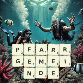 Kreative Illustration für ein Scrabble-Spiel, bei dem das Wort PFARRGEMEINDE mit Steinen auf dem Brett gelegt wurde.