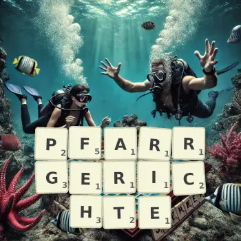 Kreative Illustration für ein Scrabble-Spiel, bei dem das Wort PFARRGERICHTE mit Steinen auf dem Brett gelegt wurde.