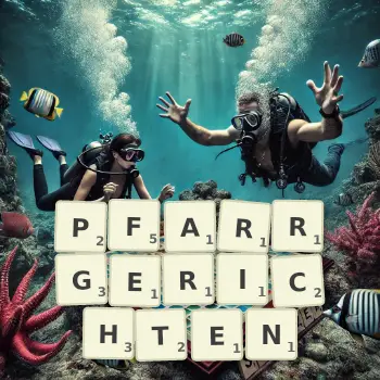 Kreative Illustration für ein Scrabble-Spiel, bei dem das Wort PFARRGERICHTEN mit Steinen auf dem Brett gelegt wurde.