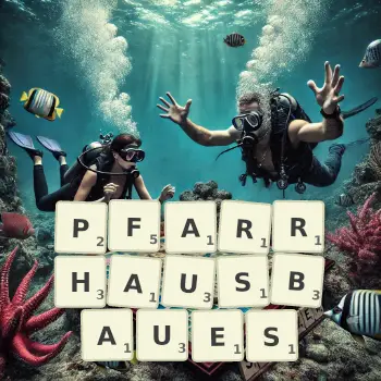 Kreative Illustration für ein Scrabble-Spiel, bei dem das Wort PFARRHAUSBAUES mit Steinen auf dem Brett gelegt wurde.