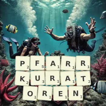 Kreative Illustration für ein Scrabble-Spiel, bei dem das Wort PFARRKURATOREN mit Steinen auf dem Brett gelegt wurde.