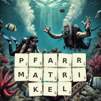 Kreative Illustration für ein Scrabble-Spiel, bei dem das Wort PFARRMATRIKEL mit Steinen auf dem Brett gelegt wurde.
