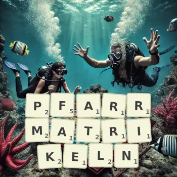 Kreative Illustration für ein Scrabble-Spiel, bei dem das Wort PFARRMATRIKELN mit Steinen auf dem Brett gelegt wurde.