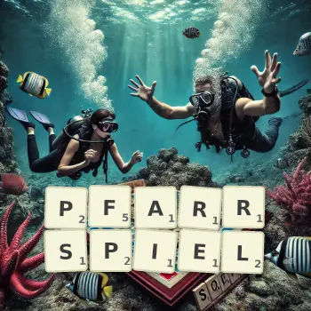 Kreative Illustration für ein Scrabble-Spiel, bei dem das Wort PFARRSPIEL mit Steinen auf dem Brett gelegt wurde.