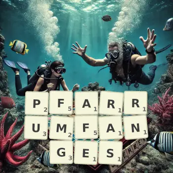Kreative Illustration für ein Scrabble-Spiel, bei dem das Wort PFARRUMFANGES mit Steinen auf dem Brett gelegt wurde.