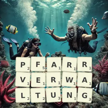 Kreative Illustration für ein Scrabble-Spiel, bei dem das Wort PFARRVERWALTUNG mit Steinen auf dem Brett gelegt wurde.