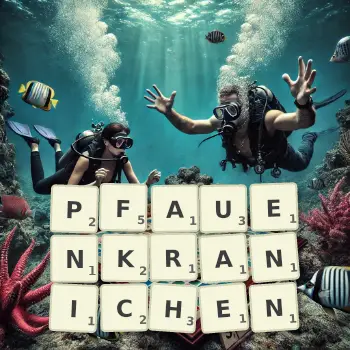 Kreative Illustration für ein Scrabble-Spiel, bei dem das Wort PFAUENKRANICHEN mit Steinen auf dem Brett gelegt wurde.