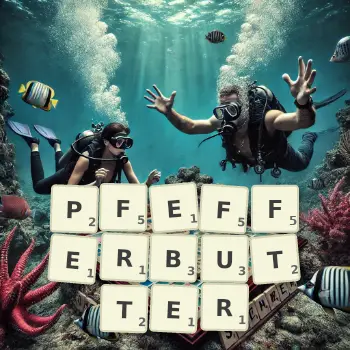 Kreative Illustration für ein Scrabble-Spiel, bei dem das Wort PFEFFERBUTTER mit Steinen auf dem Brett gelegt wurde.