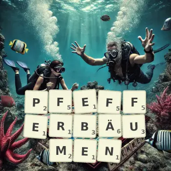 Kreative Illustration für ein Scrabble-Spiel, bei dem das Wort PFEFFERBÄUMEN mit Steinen auf dem Brett gelegt wurde.