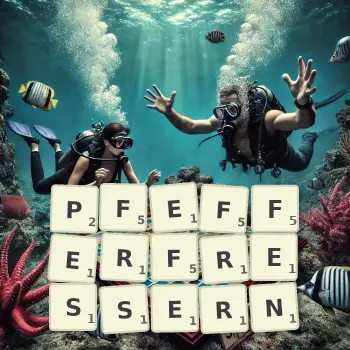 Kreative Illustration für ein Scrabble-Spiel, bei dem das Wort PFEFFERFRESSERN mit Steinen auf dem Brett gelegt wurde.
