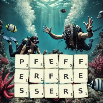 Kreative Illustration für ein Scrabble-Spiel, bei dem das Wort PFEFFERFRESSERS mit Steinen auf dem Brett gelegt wurde.
