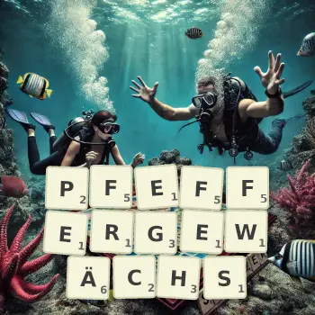 Kreative Illustration für ein Scrabble-Spiel, bei dem das Wort PFEFFERGEWÄCHS mit Steinen auf dem Brett gelegt wurde.