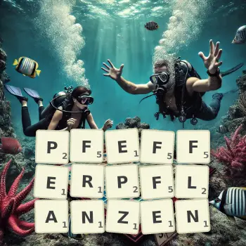 Kreative Illustration für ein Scrabble-Spiel, bei dem das Wort PFEFFERPFLANZEN mit Steinen auf dem Brett gelegt wurde.
