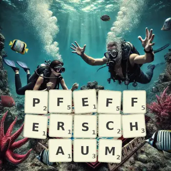 Kreative Illustration für ein Scrabble-Spiel, bei dem das Wort PFEFFERSCHAUM mit Steinen auf dem Brett gelegt wurde.