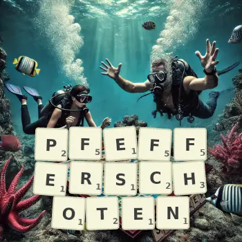 Kreative Illustration für ein Scrabble-Spiel, bei dem das Wort PFEFFERSCHOTEN mit Steinen auf dem Brett gelegt wurde.