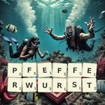 Kreative Illustration für ein Scrabble-Spiel, bei dem das Wort PFEFFERWURST mit Steinen auf dem Brett gelegt wurde.