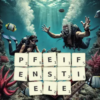 Kreative Illustration für ein Scrabble-Spiel, bei dem das Wort PFEIFENSTIELE mit Steinen auf dem Brett gelegt wurde.