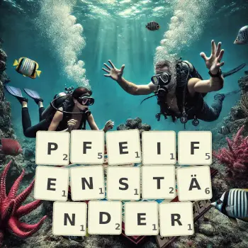 Kreative Illustration für ein Scrabble-Spiel, bei dem das Wort PFEIFENSTÄNDER mit Steinen auf dem Brett gelegt wurde.