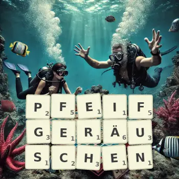 Kreative Illustration für ein Scrabble-Spiel, bei dem das Wort PFEIFGERÄUSCHEN mit Steinen auf dem Brett gelegt wurde.