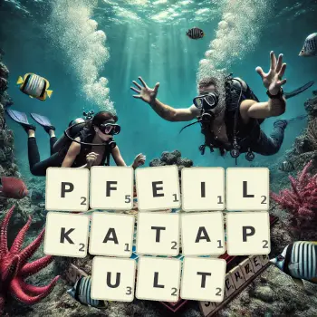 Kreative Illustration für ein Scrabble-Spiel, bei dem das Wort PFEILKATAPULT mit Steinen auf dem Brett gelegt wurde.