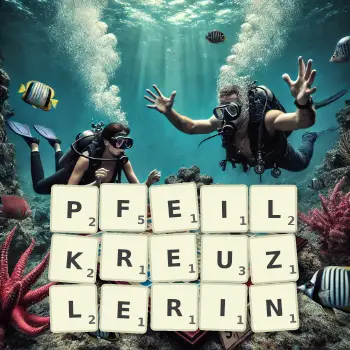 Kreative Illustration für ein Scrabble-Spiel, bei dem das Wort PFEILKREUZLERIN mit Steinen auf dem Brett gelegt wurde.
