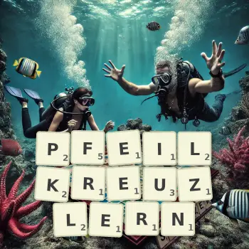 Kreative Illustration für ein Scrabble-Spiel, bei dem das Wort PFEILKREUZLERN mit Steinen auf dem Brett gelegt wurde.