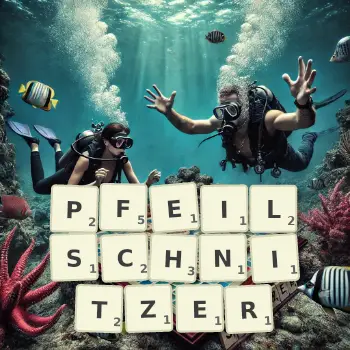 Kreative Illustration für ein Scrabble-Spiel, bei dem das Wort PFEILSCHNITZER mit Steinen auf dem Brett gelegt wurde.