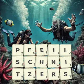 Kreative Illustration für ein Scrabble-Spiel, bei dem das Wort PFEILSCHNITZERS mit Steinen auf dem Brett gelegt wurde.