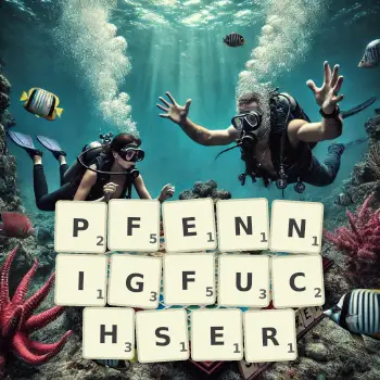 Kreative Illustration für ein Scrabble-Spiel, bei dem das Wort PFENNIGFUCHSER mit Steinen auf dem Brett gelegt wurde.
