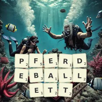 Kreative Illustration für ein Scrabble-Spiel, bei dem das Wort PFERDEBALLETT mit Steinen auf dem Brett gelegt wurde.